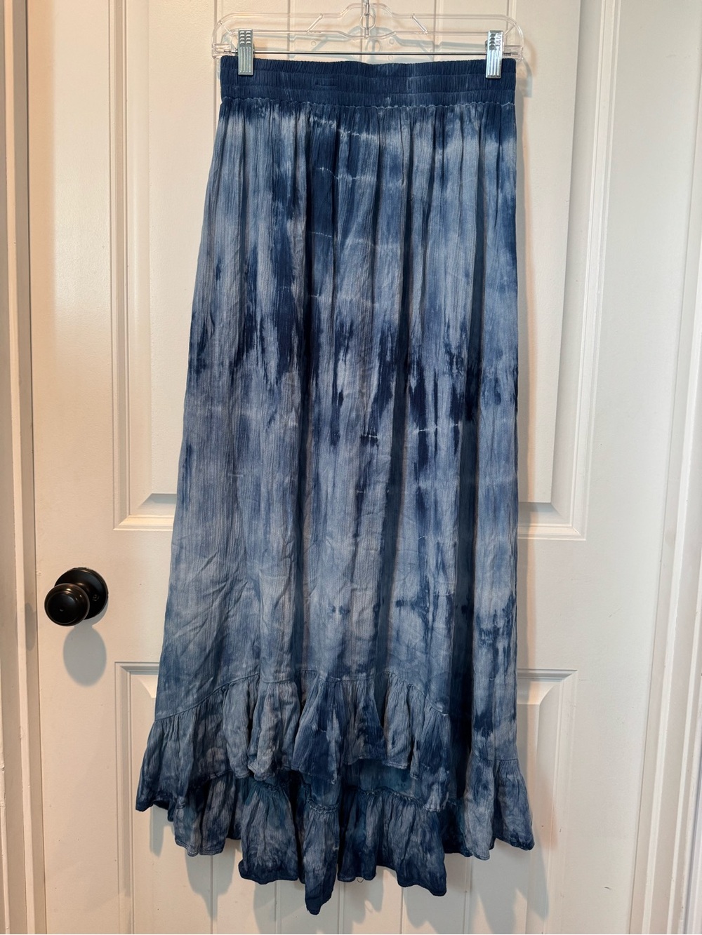 Blue Tie-Dye Maxi Skirt with Ruffle Hem
